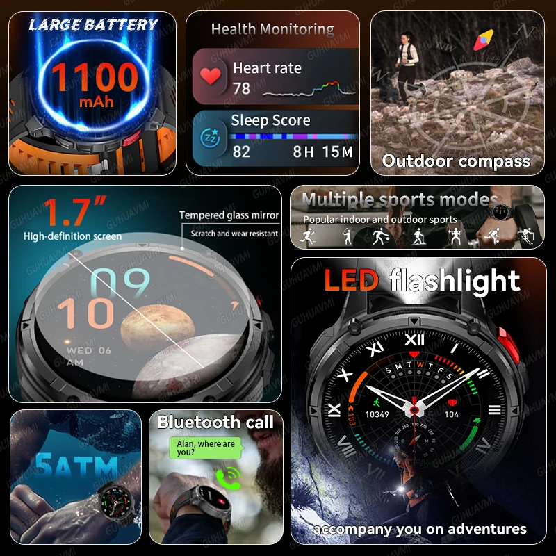 새로운 군용 스마트 시계 남성용 나침반 1100mAh 배터리 방수 LED 손전등 블루투스 통화 심박수 스포츠 피트니스 시계