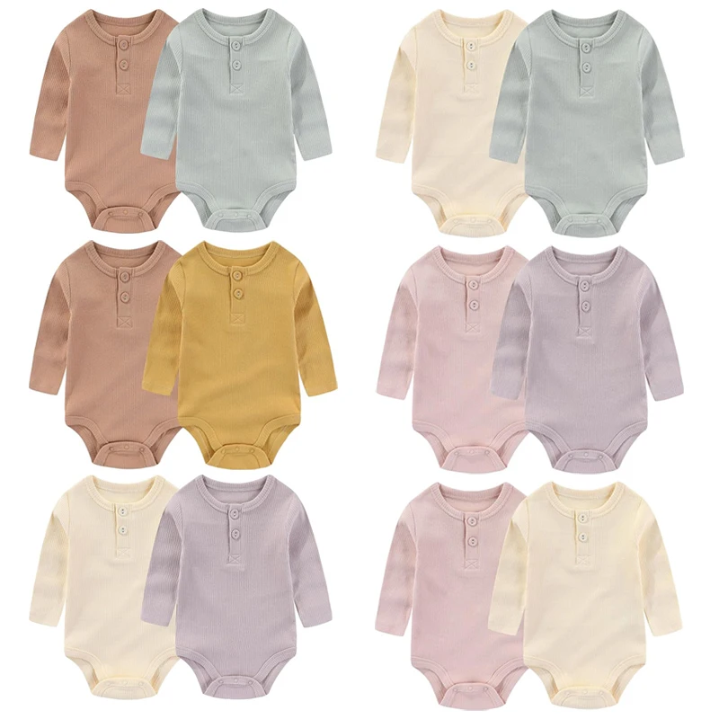 2 Pieces Solid Color Baby Bodysuits Newborn Cotton Baby Girl Clothes Ribbed Pattern Long Sleeve Baby Boy Clothes 0-24M 1