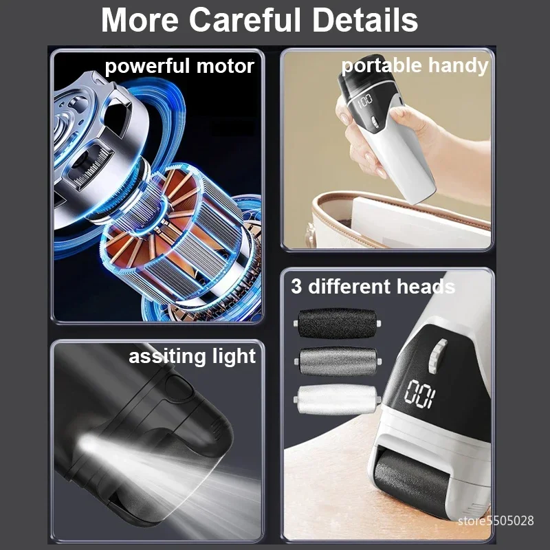 2025 Electric Foot Callus Remover, Rechargeable Heel Dead Skin Scrubber 100 Gears 3 Rollers Pedicure Machine Foot File Grinder