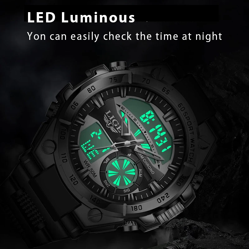 LIGE Brand Military Sport Watch For Men Silicone Strap Chronograph Digital Quartz Wristwatches Fashion Luminous Waterproof Clock