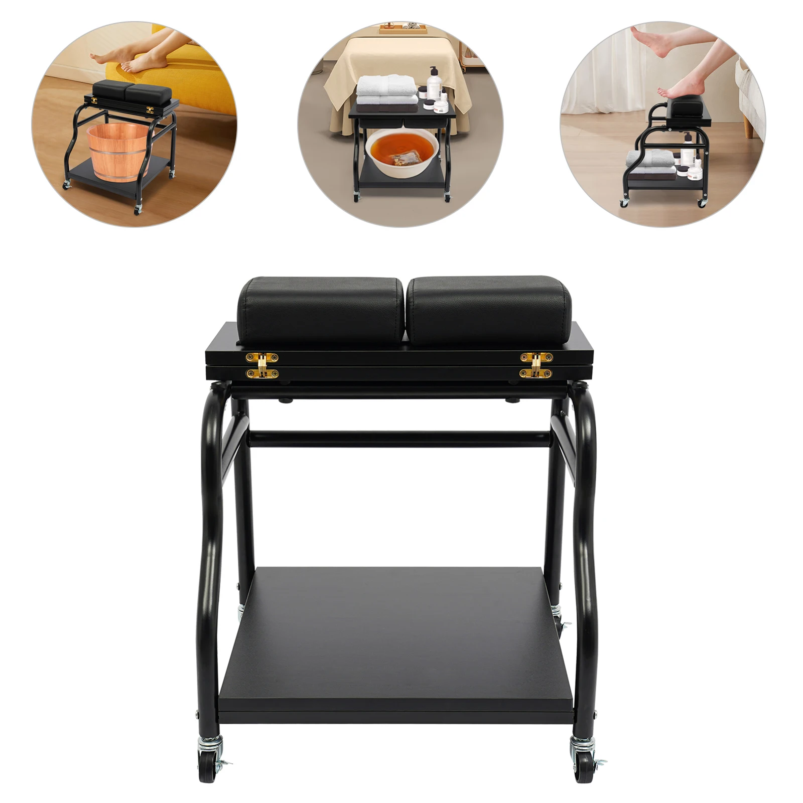 Foot Spa Bench Foldable 2-Tier Pedicure Station with Wheels & Brakes for Salon Foot Bath Massage Manicure