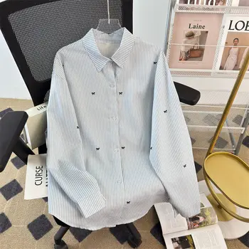 Camicia coreana giovanile a maniche lunghe a righe con stampa Top Abbigliamento donna Primavera Autunno Nuovo collo a polo Camicetta casual allentata Tendenza moda 1