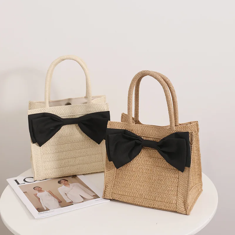 

Sweet Girls Bow Straw Bag Ladies Hand-woven Handbag Summer Handmade Bohemian Seaside Holiday Beach Bag Travel Shopping Bags