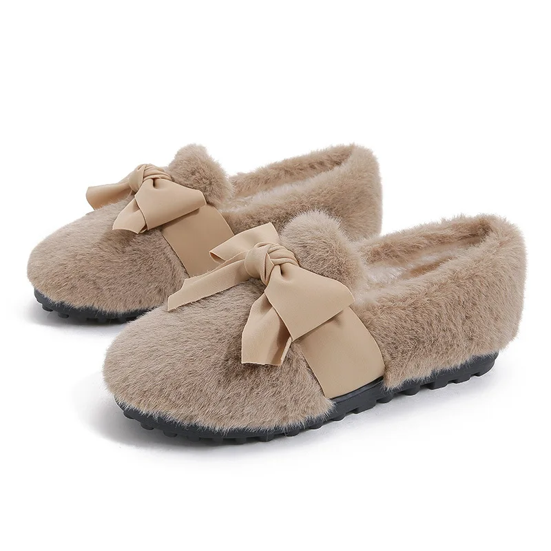 Women's Plush Shoes Wear Snow Boots Outdoors in Winter Fashionable Bowknot Design Fur thermal flat loafers shoes Large 41-43