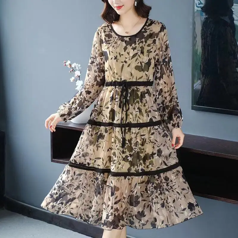 Elegant Vintage Ladies Printed Dresses Long Sleeve Spring Autumn Loose Fashion Lace Up Spliced Midi Party Dress Women\'s Clothing
