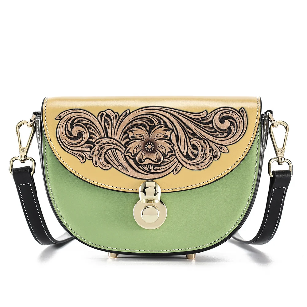 

Vintage Carved Women Shoulder Bag Genuine Leather Messenger Bags Luxury Floral Female Crossbody Bags Purse and Handbag