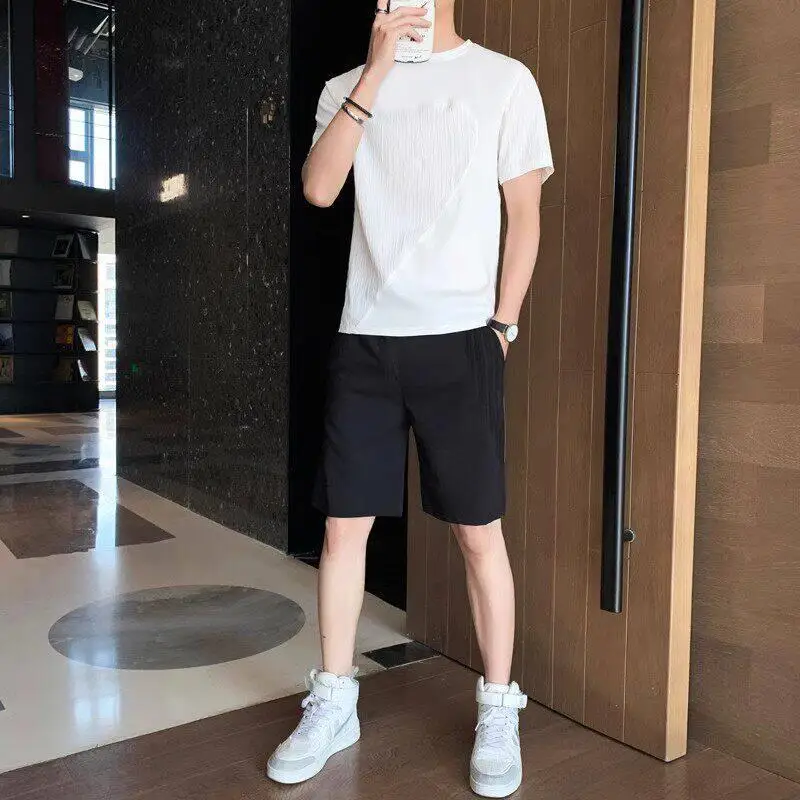 아이스 실크 퀵 드라이 스포츠 세트 남성 여름 반팔 티셔츠 반바지 슬림핏 투피스 세트 한국 패션 트렌디