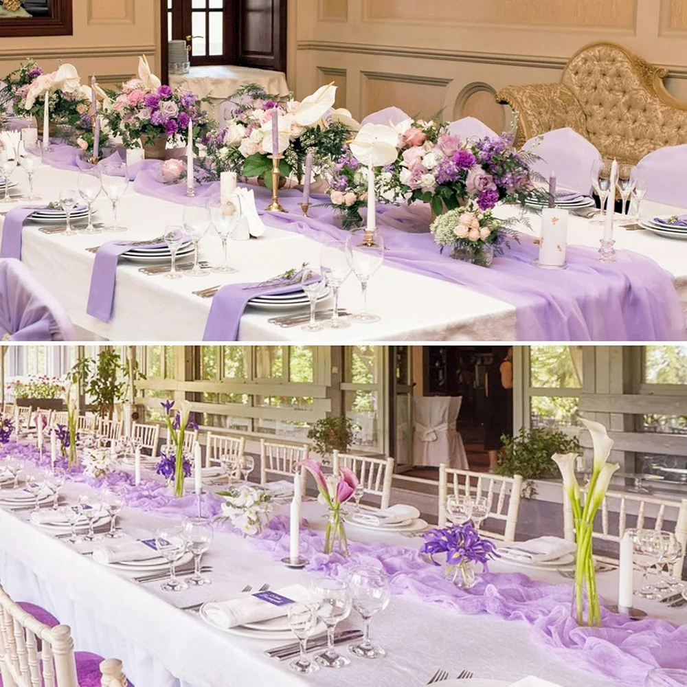Lilac Purple Boho Rustic Gauze Table Runner for Wedding and Event Decoration
