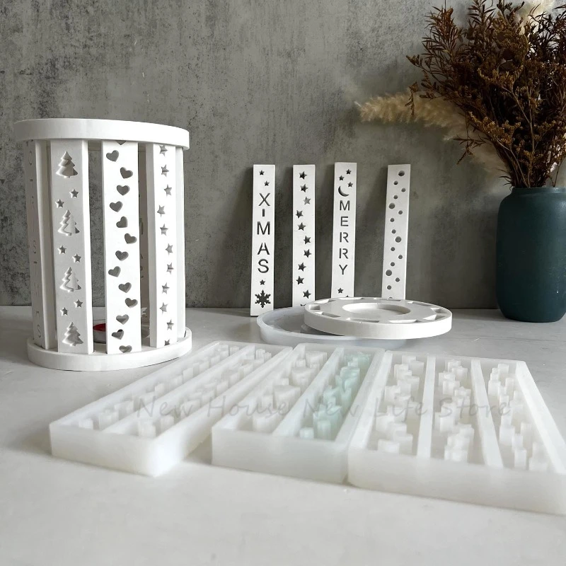 Christmas Series Lantern Candle Holder Silicone Mold Long Strip Splicing Tea Lamp Molds Christmas Tree Star Candlestick Mold