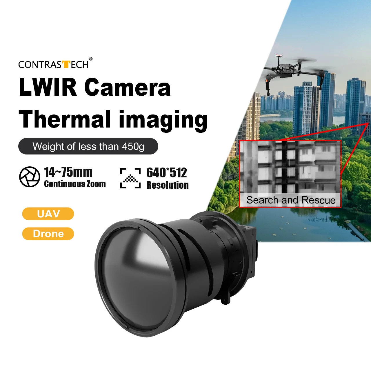 화재 감지용 열화상 640x512 50Hz LWIR 0.8-1.4μm 광도계 드론 카메라 모듈 Contrastech