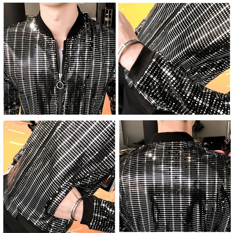 Silver Sequin Windbreaker Jacket Men Fashion Autumn Nightclub Dance Stage Singer Costume Glitter Zipper Hip Hop Streetwear Coat