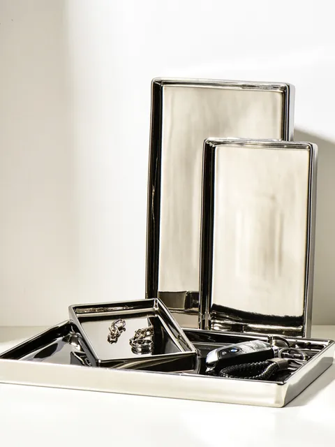 Nordic Electroplated Silver-plated Mirror Glass Tray Rectangular Storage Disk Jewelry Tier tray Home Decoration Snack Plates 4