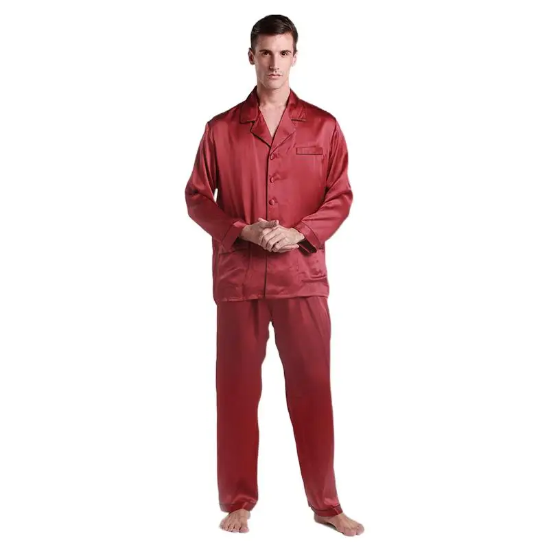 

High Quality Man Silk Satin Two Piece Pajamas 22 Momme Silk Long Sleeve Loungewear Pyjamas Man's Sleepwear Set