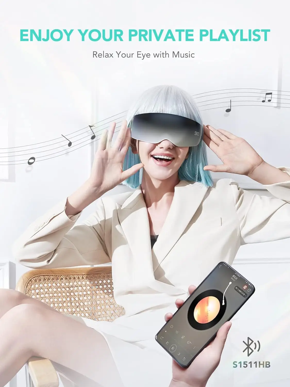 SKG E7-EN Eye Massager with Heat, Vibration Bluetooth Music Smart Eye Massager for Migraines, Adaptive Temple Massage, Relax