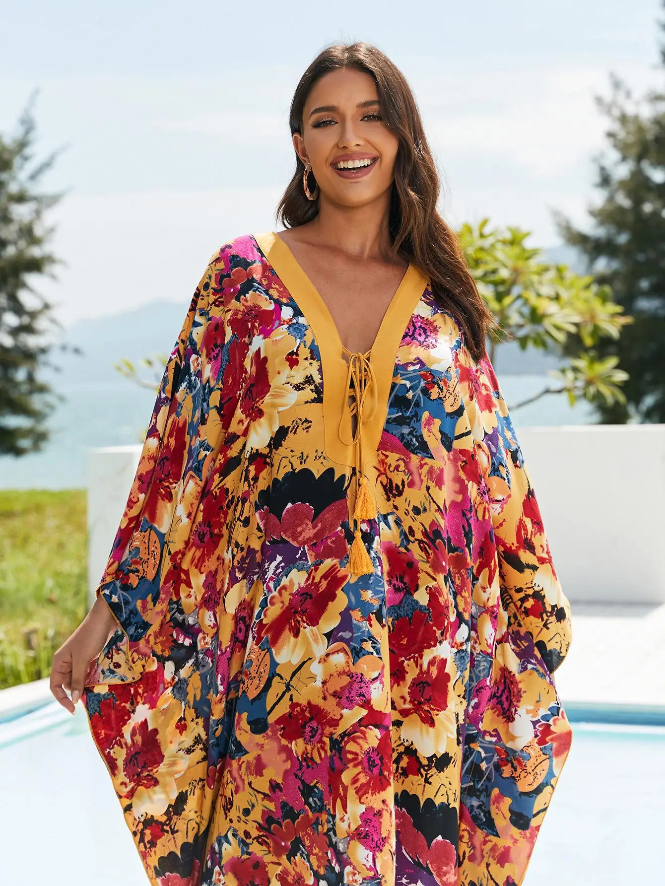 여성용 프린트 비치 카프탄 원피스 플러스 사이즈 배트윙 슬리브 카프탄 라운지웨어, V넥 수영복, 드로스트링 커버