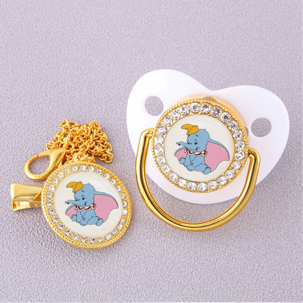 Disney Dumbo Baby Pacifier With Chain Clip Food Grade Silicone Infant Dummy Nipple Bling Rhinestones Newborn Soother Unique Gift baby milk powder scoop