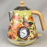 Bouilloire électrique avec décalcomanie de peinture rétro 1,7 l, eau bouillante avec thermomètre, mise hors tension automatique, théière en acier inoxydable 304 1850W 1