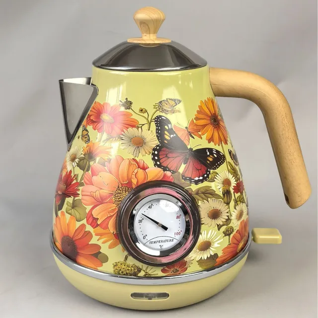 Bouilloire électrique avec décalcomanie de peinture rétro 1,7 l, eau bouillante avec thermomètre, mise hors tension automatique, théière en acier inoxydable 304 1850W 1