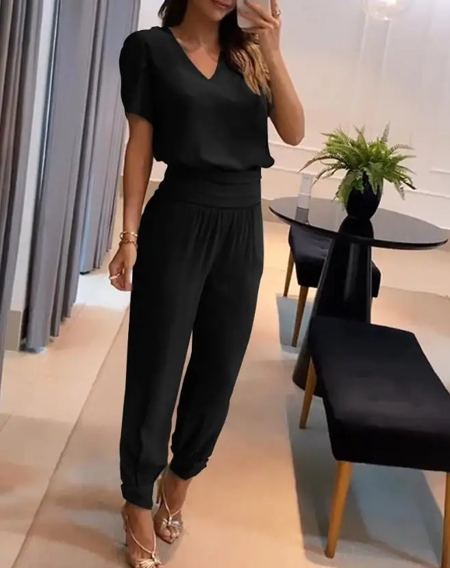 2024 Women's Commuter Leisure Sports Fluffy Sleeve Top and High Waist Flipped Pants Set
