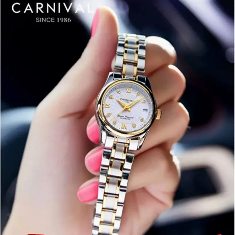 Carnival-reloj automático de zafiro para mujer, pulsera de acero