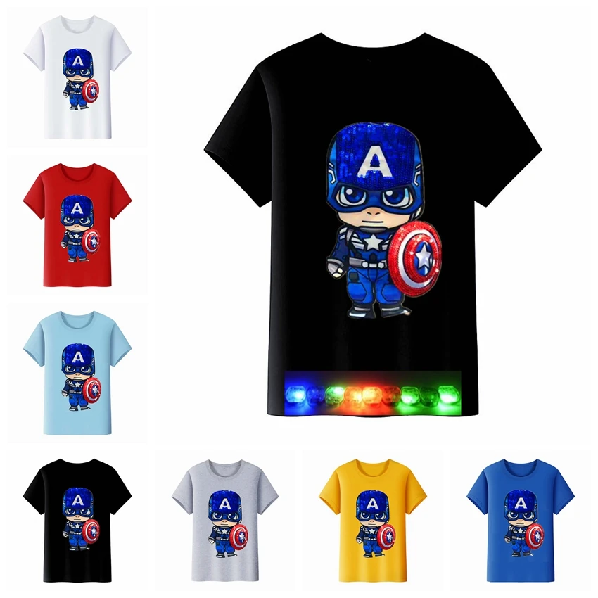 

Cartoon Disney Clothes Captain America T Shirt For Kids Boys Tshirt Summer Tops LED Light Girls Short Sleeve Tees Toddler White
