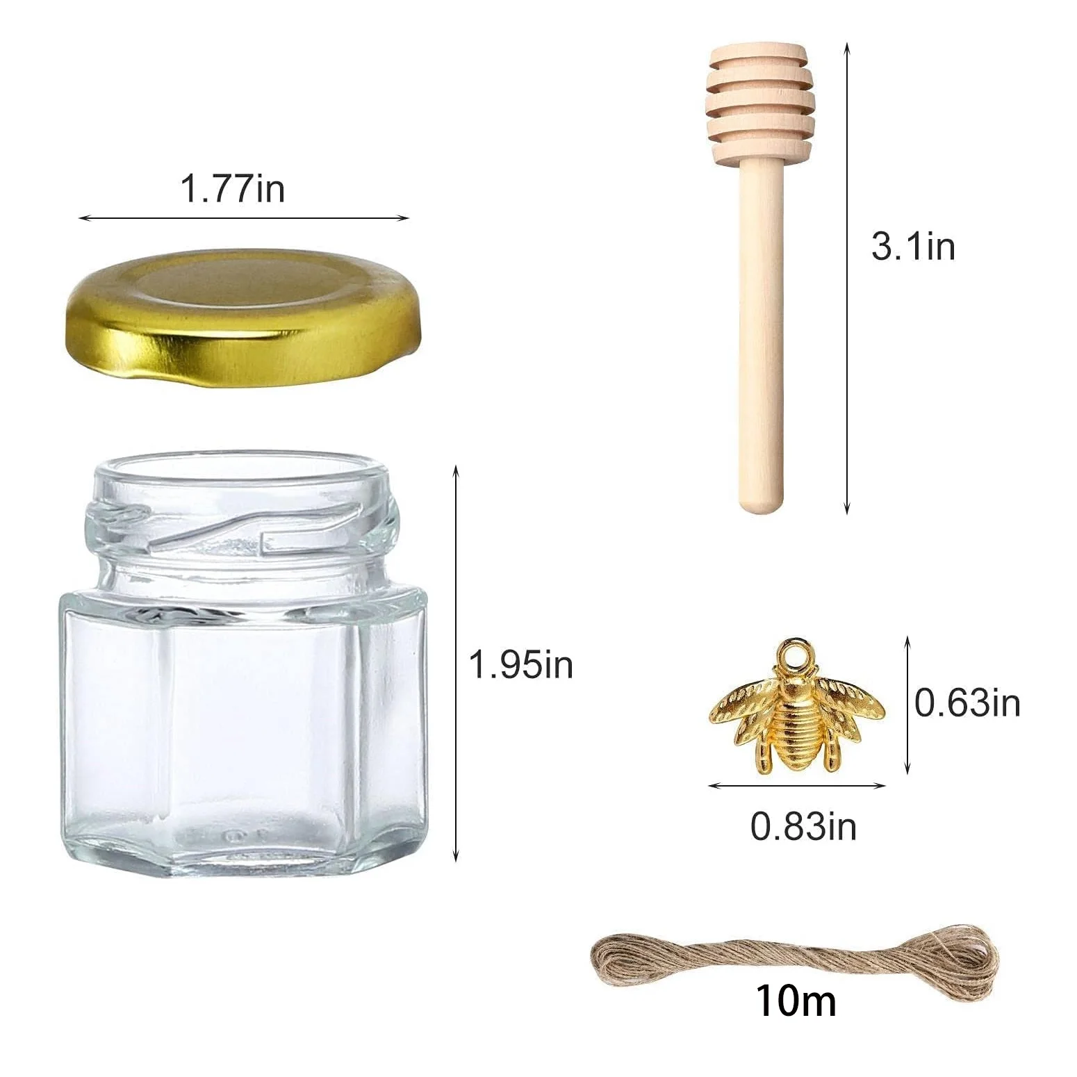 Hexagon mini honey jars with gold lids, wooden dippers, bee charms, and jute twine. Perfect for baby showers, 20-pack.
