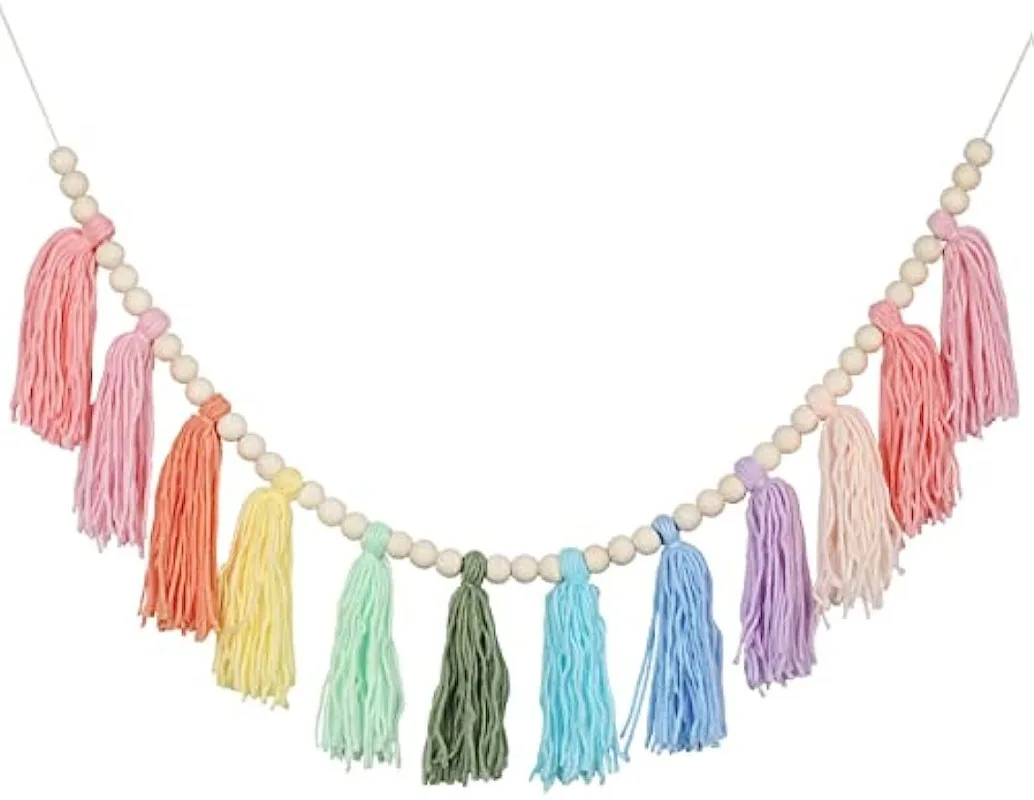 Natural Wood Beads Cotton Yarn Tassel Wall Hanging Handmade Pastel Rainbow Macrame Wall Decor Nursery Bedroom Living Room