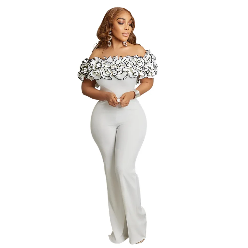 thumbnail image 1 of HLJ Monos sexys con hombros descubiertos y diseño de volantes para mujer, monos ajustados de una pieza con pantalones de pierna ancha y unicolor, monos elegantes ajustados para mujer, 1 of 5