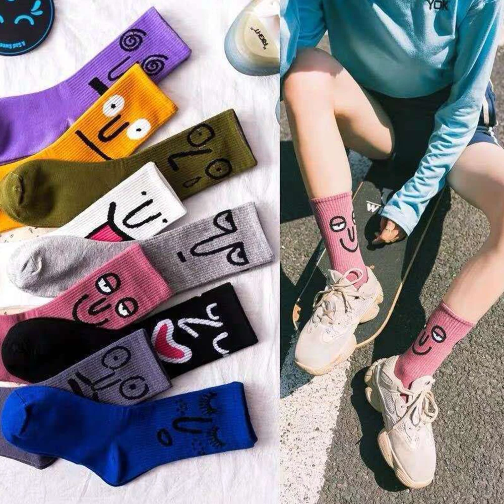 3Pairs Funny Expression Sock Fashion Solid Color Cute Girl Kawaii Trend Korea Funky Harajuku Combed Cotton Unisex Women Socks