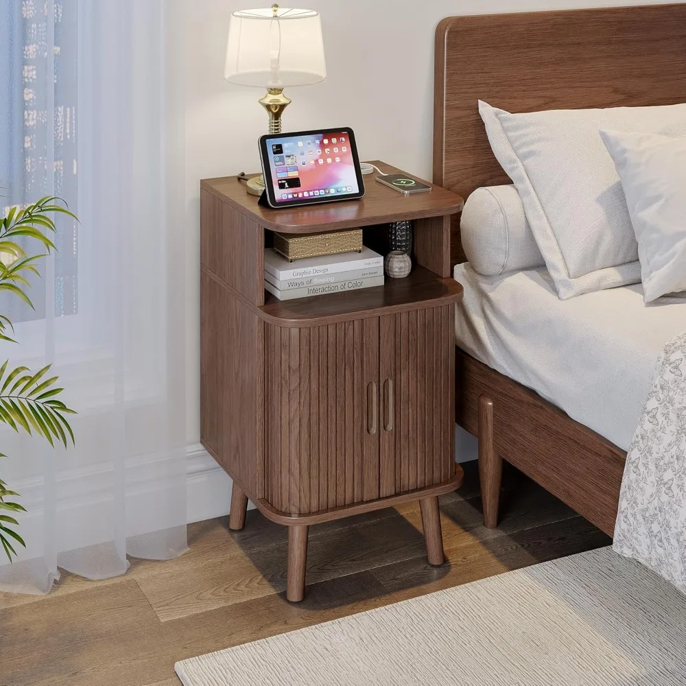 fluted nightstand set with charging station of 2, mid century modern end table with sliding tambour doors, curved accent wood b