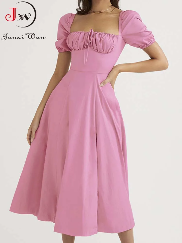Elegant off shoulder pink women summer long dress Puff short sleeve slash neck solid a-line split beach party sundress S~3XL