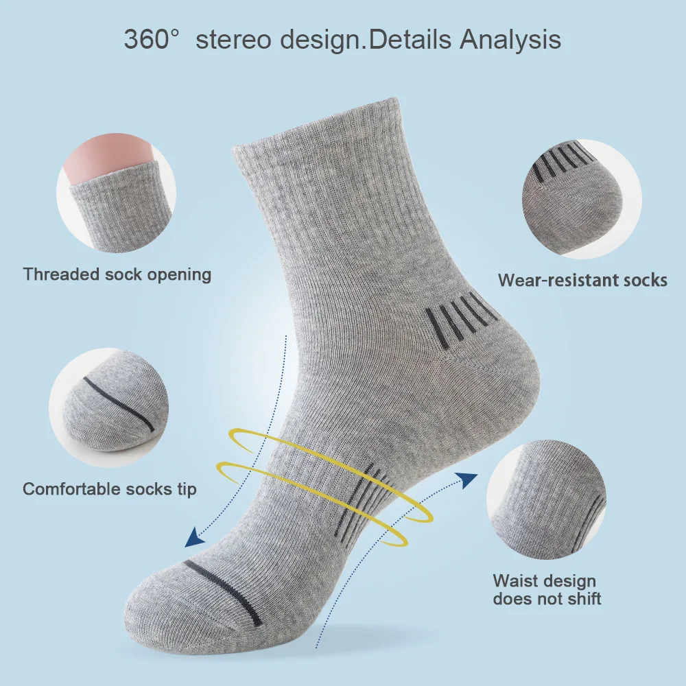 5 Pairs Running Socks Men Sports Ankle Socks Black Withe Cushion Casual Athletic Mid-calf Breathable Stripe Cotton