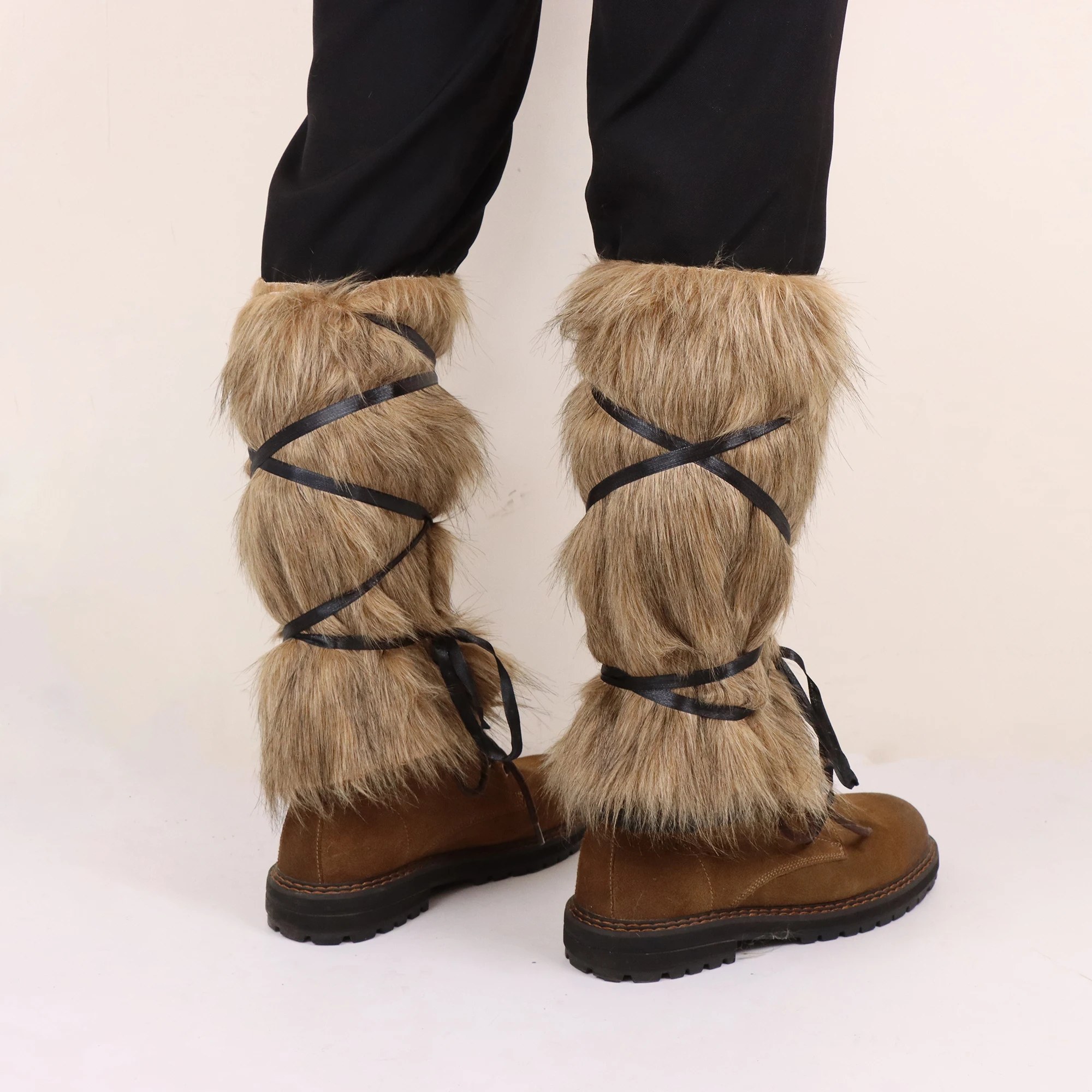 Men's Medieval Faux Fur Warm Leggings with Viking Cosplay Accessories