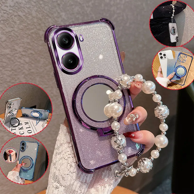 Bling Glitter Lipstick Mirror Phone Case with Pearl Chain and Shockproof Protection