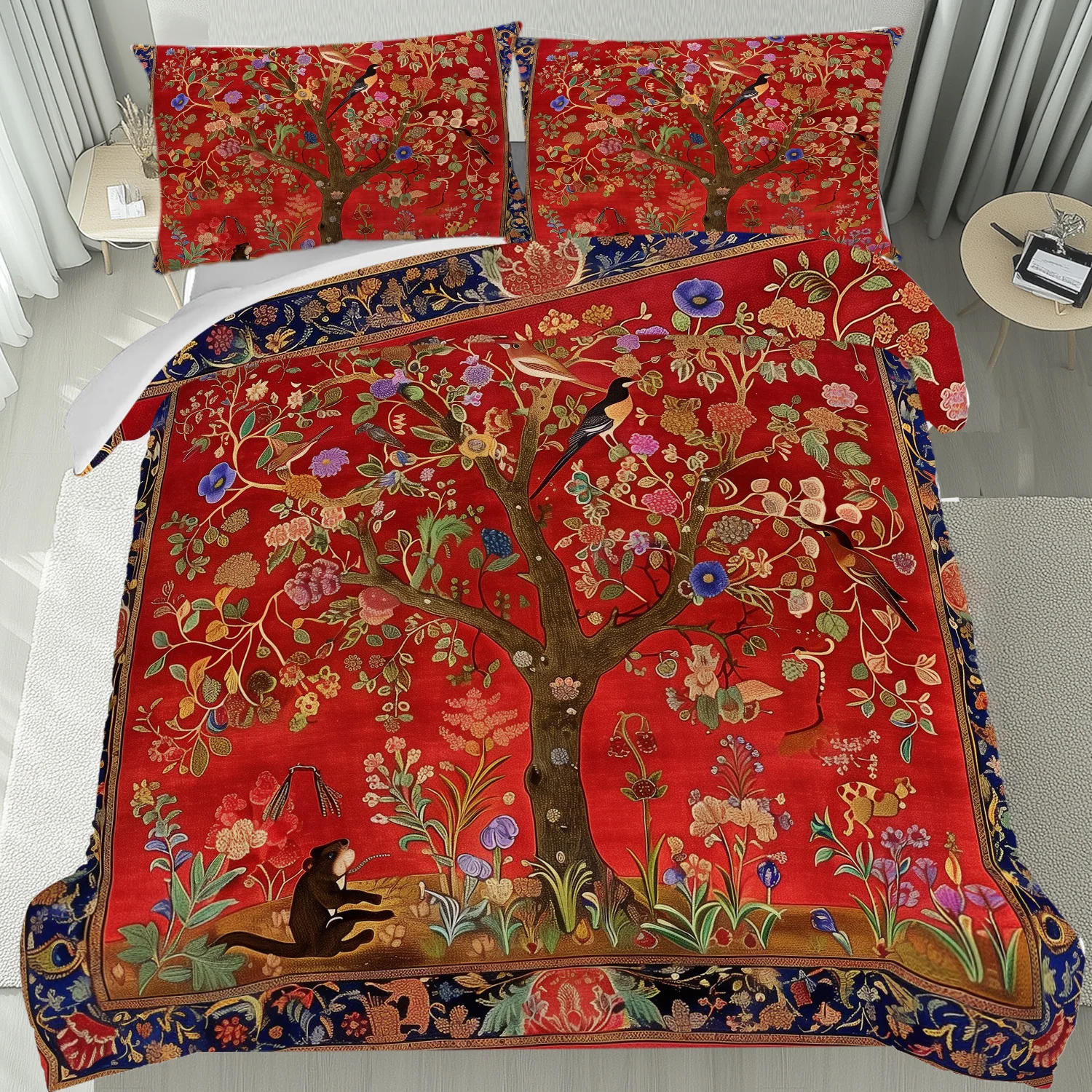 2/3Pcs Red Festive Big Tree Duvet Cover Set, Luxury Soft Wrinkle Resistant Bedding with Pillowcases, Machine Washable