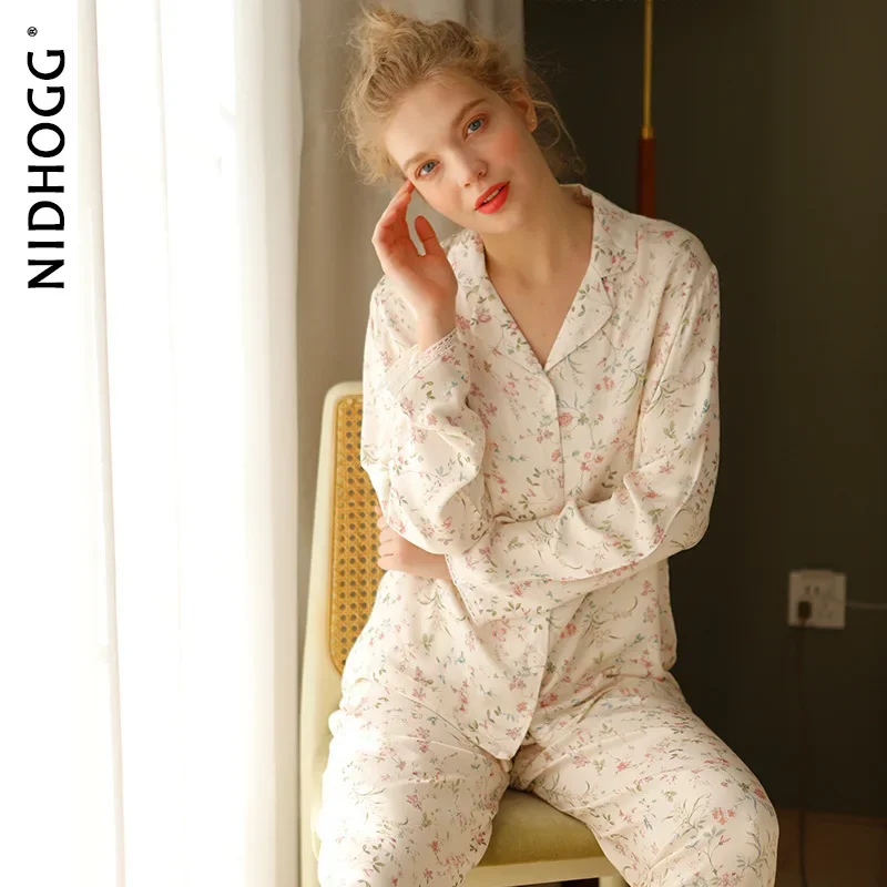 Spring Satin Pajamas Long Sleeve Viscose Sleepwear Willow Leaf Print Lounge Wear Two Piece Pijama Set Pijama Mujer women pajamas set women pajama suit