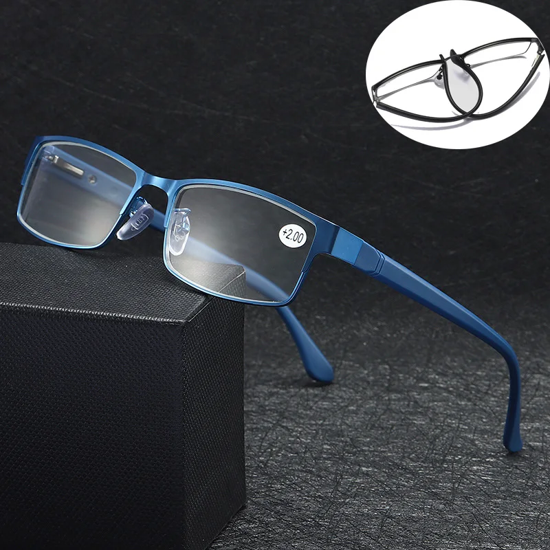 Men's Square Alloy Anti blue Light Reading Spring Hinge Glasses ,Metal Male Blue Ray Blocking Hyperopia Eyeglasses