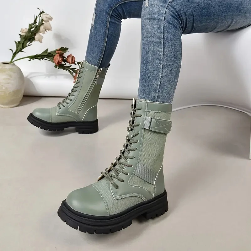 Aphixta Retro Lace Up Women Boots Side Zip Modern Boots Women Boots Blue 4CM Square Heel Lady Footwear Shoes botas mujer botines