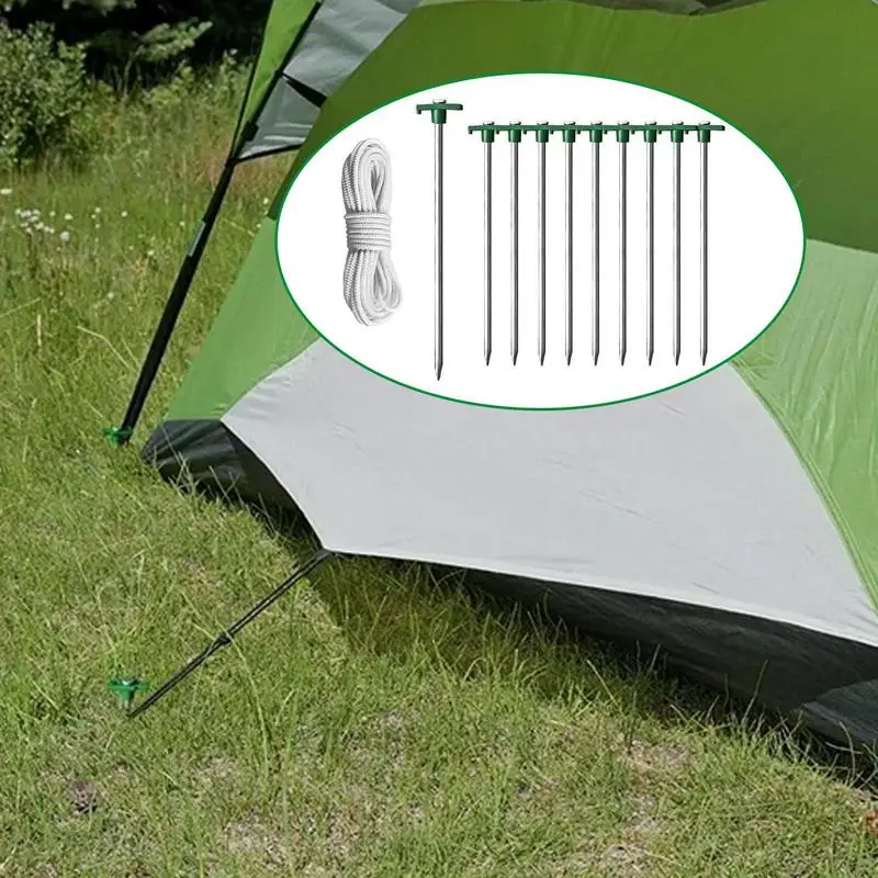Tent Stake For Outside 10-piece Heavy Duty T-Shaped Pegs With 4 Ropes For Campsite 10.25-Inch Ground Spikes Camping Backyard