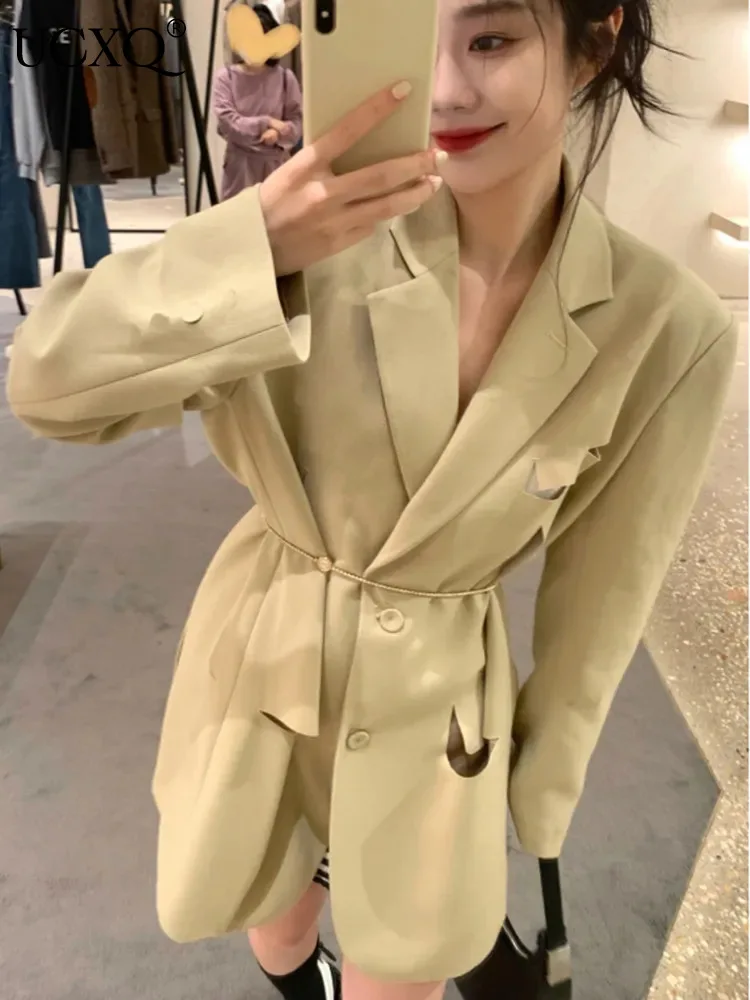 

UCXQ Korea Chic Hollow Out Design Notched Yellow Blazer Casual Loose Office Lady Long Sleeve Suit Jacket Autumn 2023 23A4923