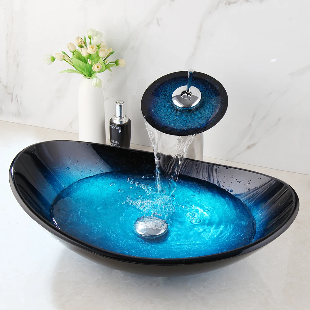 ZAPPO Tempered Glass Bathroom Vessel Sink with Waterfall Black Faucet Tap Bathroom Oval Blue Vessel Sinks Above Counter Basin 2