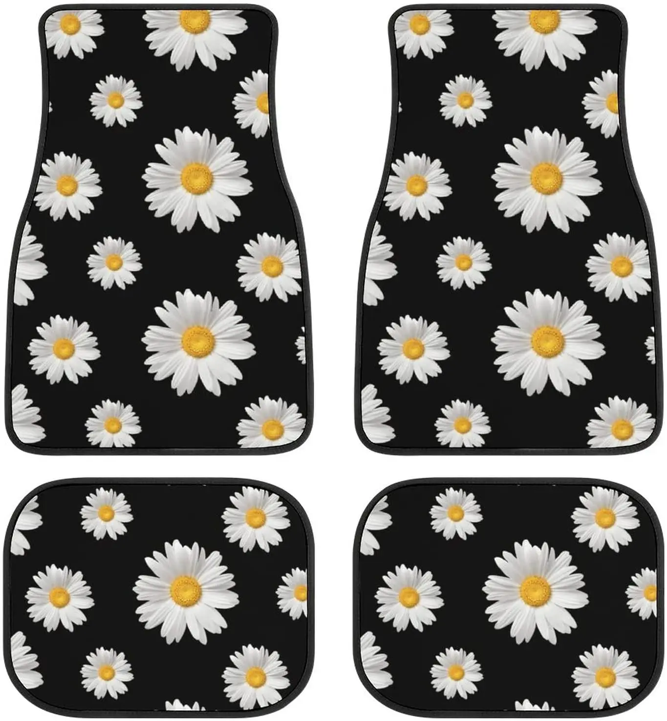 

Daisy Car Floor Mats Set of 4,Daisy Print Flowers Design Black Vehicle Front Rear Carpets Mats Floral Decor Car Floor Carpets Ru