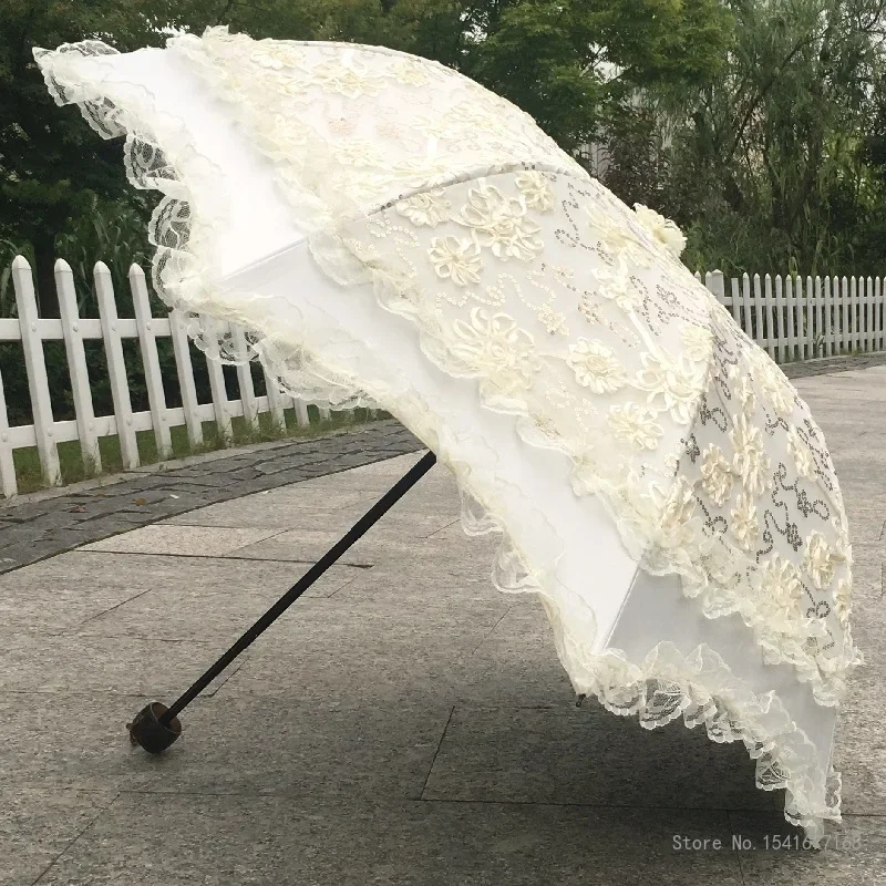 Double Layer Black Rubber Lace Sun Umbrella, Ladies High-end Photo Studio Wedding Dress Hanfu French Retro Parasol Umbrella, 1Pc