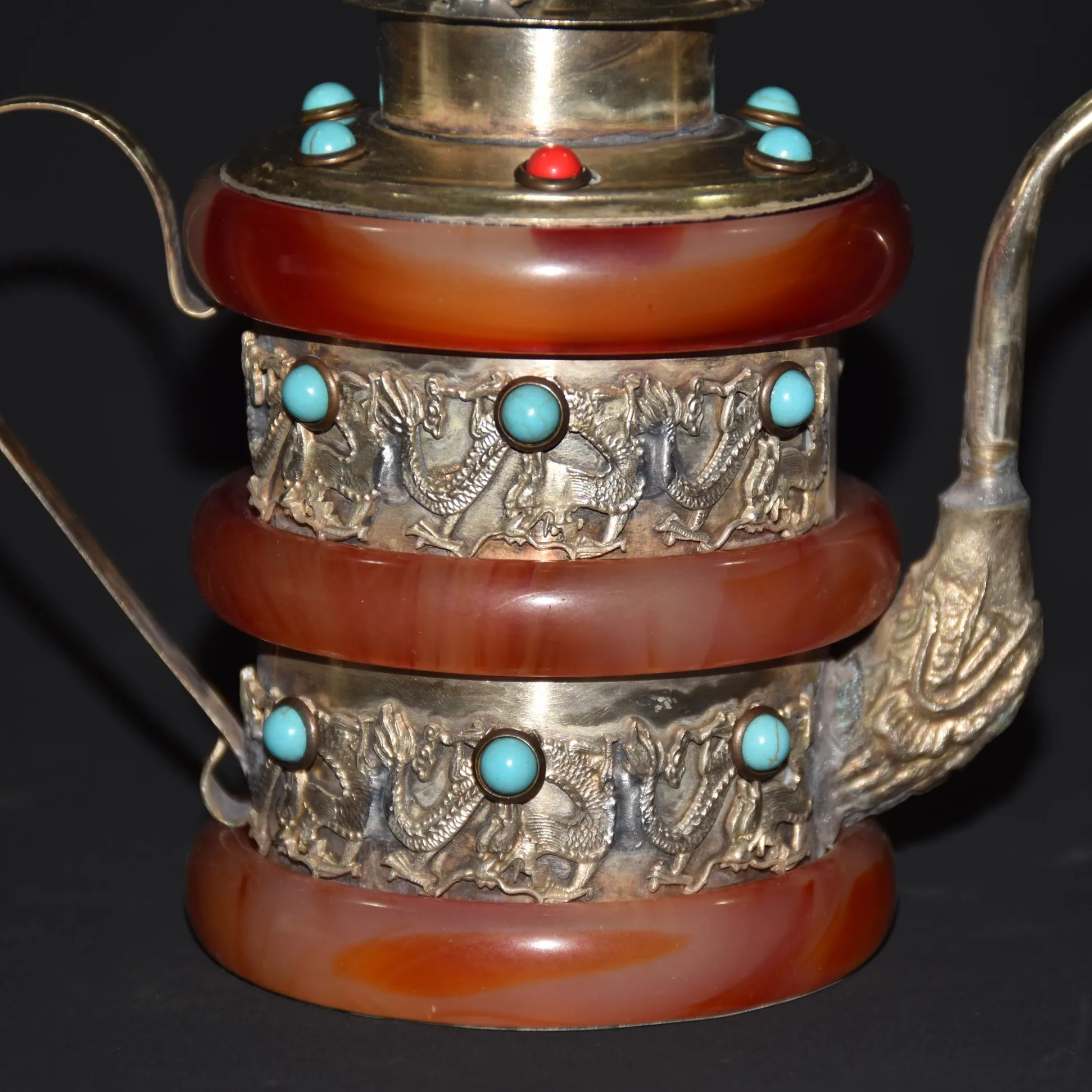 Old Chinese tibet silver inlay red jade handcarved dragon pots wine pot 4