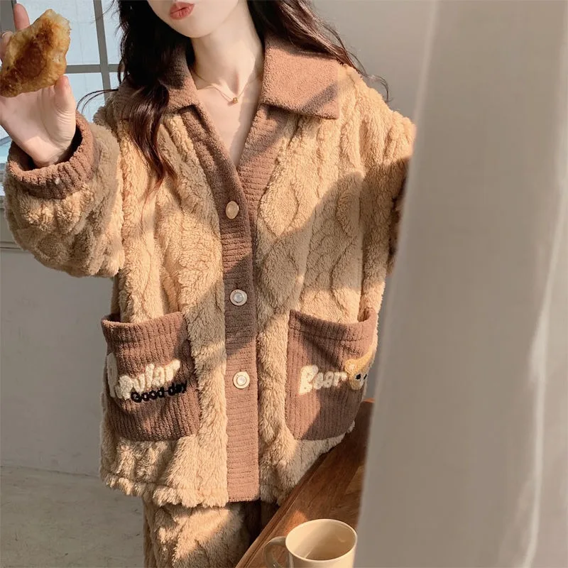 2024 New Sleepwear Women's Autumn Winter Loungewear Coral Plush Thickening Plunging Sleepwear Warm Jacquard V-neck Homewear Set