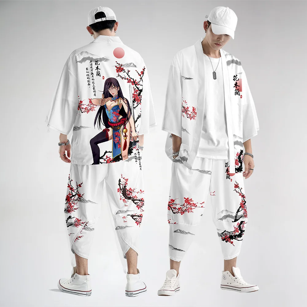 Summer Black Print Men's Kimono Top Set Loose Kimono Casual Fashion Jacket and Pants Japanese Casual Cropped Pants Oversized 6Xl
