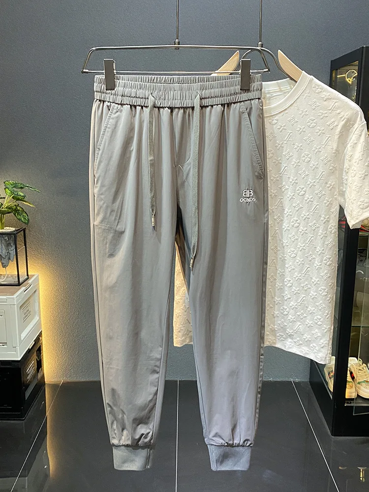 Fashionable Silky Ice Silk Leggings Men's Summer Thin Quick-Drying Sports Casual Cropped Pants Large Size Ankle-Tied Cool Pants