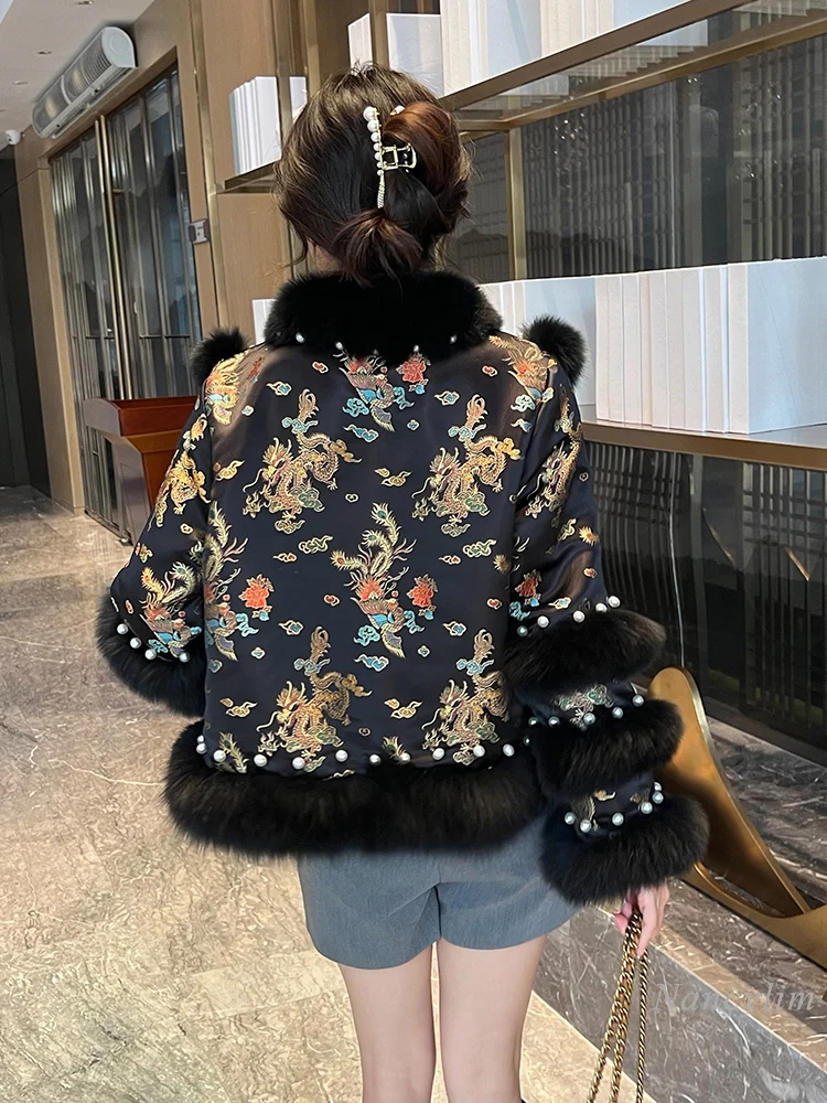 2023 Autumn Winter New Chinese Style Faux Fox Fur Coat for Women Short Chic Young Beaded Cotton-Padded Tang Coat Party Daily