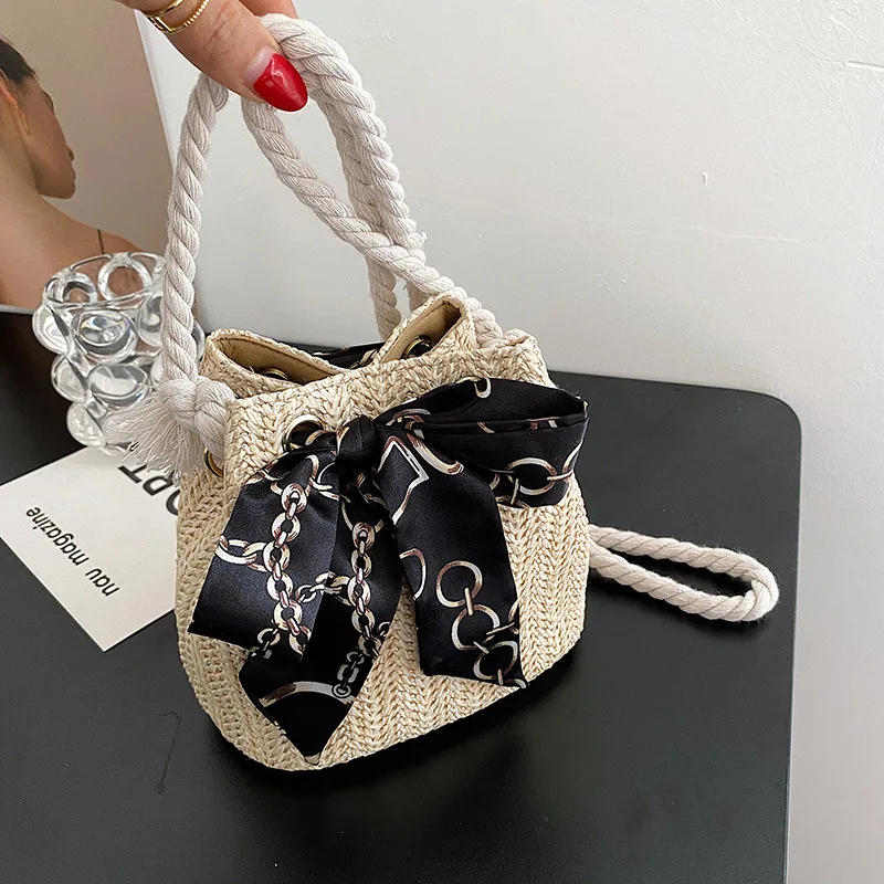 Women Straw Bags 2022 Summer New Fashion Bow Scarf Drawstring Women Bucket Bag Leisure Messenger Beach Bag