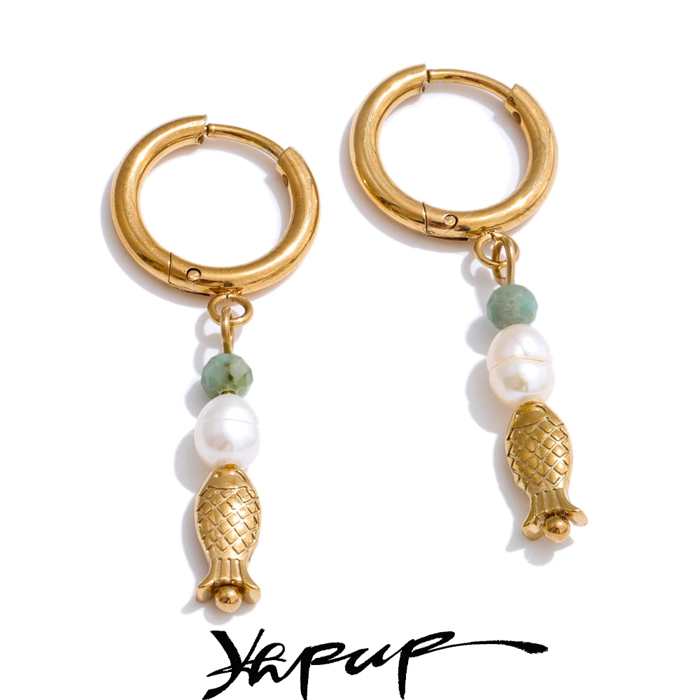 Yhpup Pearl Fish Dangle Earrings 16K PVD Plated Stainless Steel